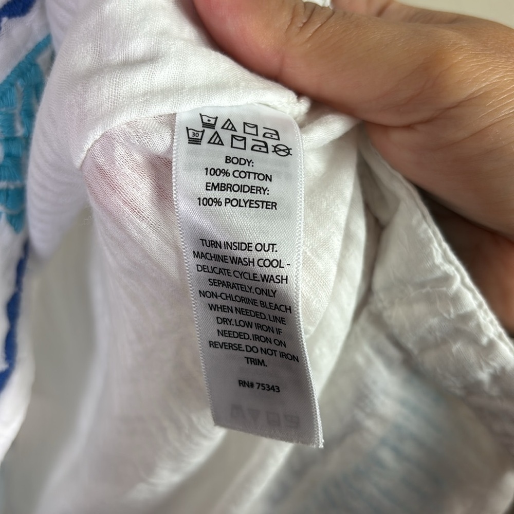 Sigrid Olsen White Blue Embroidered Trims V-neck Top Tunic Coverup size Large - Picture 2 of 8